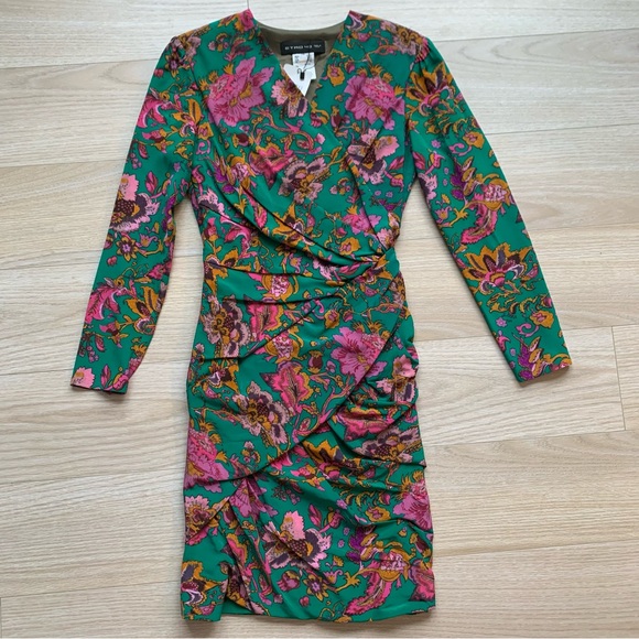 ETRO Paisley Long Sleeve Faux Wrap Ruched Dress Green 100% Silk Size 40IT